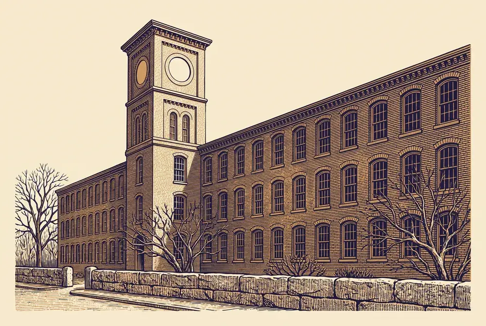 An engraved plate of a brick mill building with tall arched windows and a square stair tower.