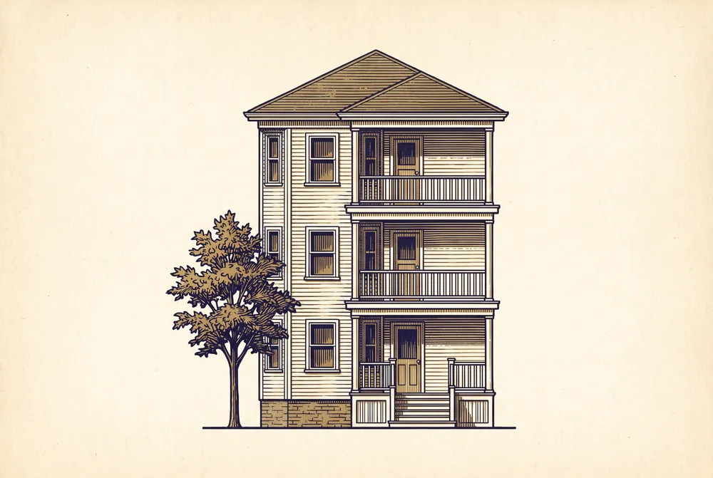 An engraved elevation drawing of a New England three-decker: three stacked front porches, clapboard siding, a maple beside the steps.